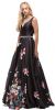 V-Neck Floral Print Rhinestones Waist A-line Long Prom Dress in Black